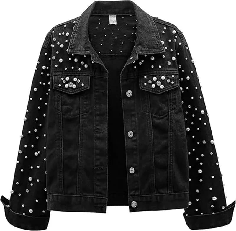Nuove giacche di jeans perlate da donna in primavera e autunno. Giacca di jeans con risvolto a maniche lunghe con patchwork di strass allentati casual da donna