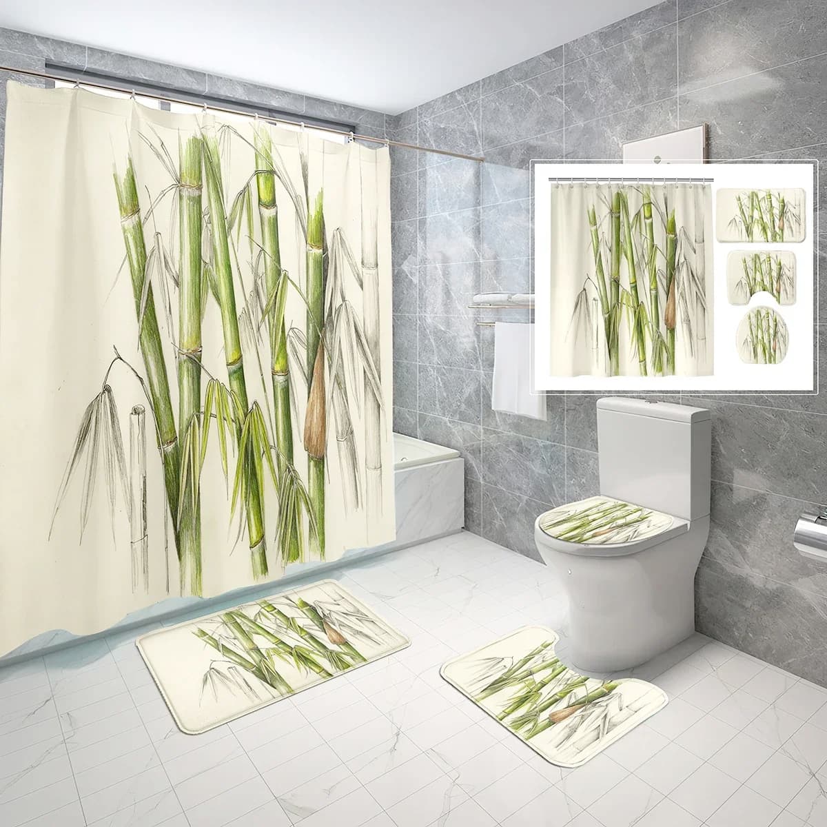 4 Pcs Bamboo Theme Shower Curtain Sets Chinese Calligraphy Style Non-slip Bath Mat Toilet Lid Waterproof Shower Curtain Set