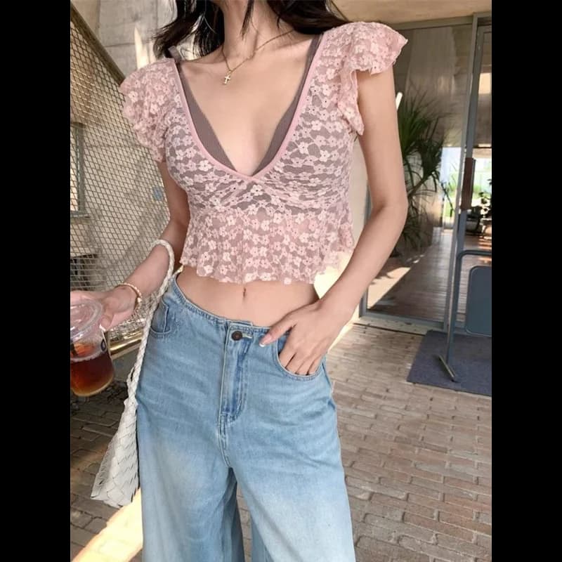Top corto da donna in pizzo rosa con scollo a V, maniche corte con volant, trasparente, casual, alla moda