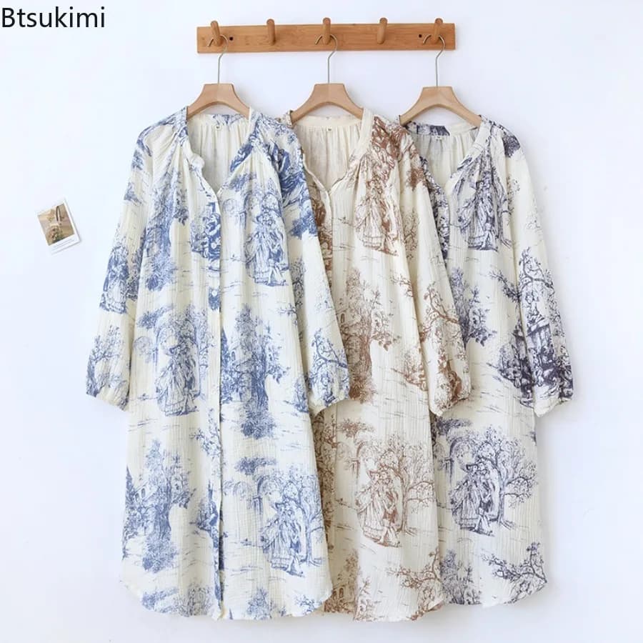 Vestaglie da donna a maniche lunghe in cotone con stampa del giardino segreto con scollo a V Abito da notte per le donne Indumenti da notte Camicie da notte traspiranti