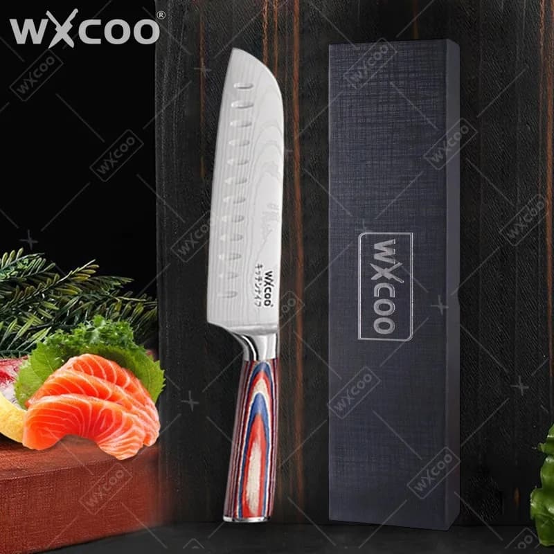 Coltelli da Cucina in Acciaio Damascato, Coltello per Frutta e Carne, Coltello Santoku Giapponese, Coltello da Chef in Acciaio Inossidabile con Confezione Regalo