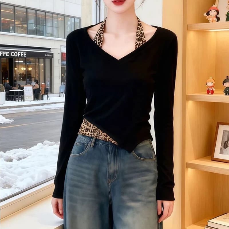 Fake Two-piece Leopard Printing Patchwork Tops Spring Autumn Long Sleeve Irregular Trend T Shirts Korean Fashion Women Clothing