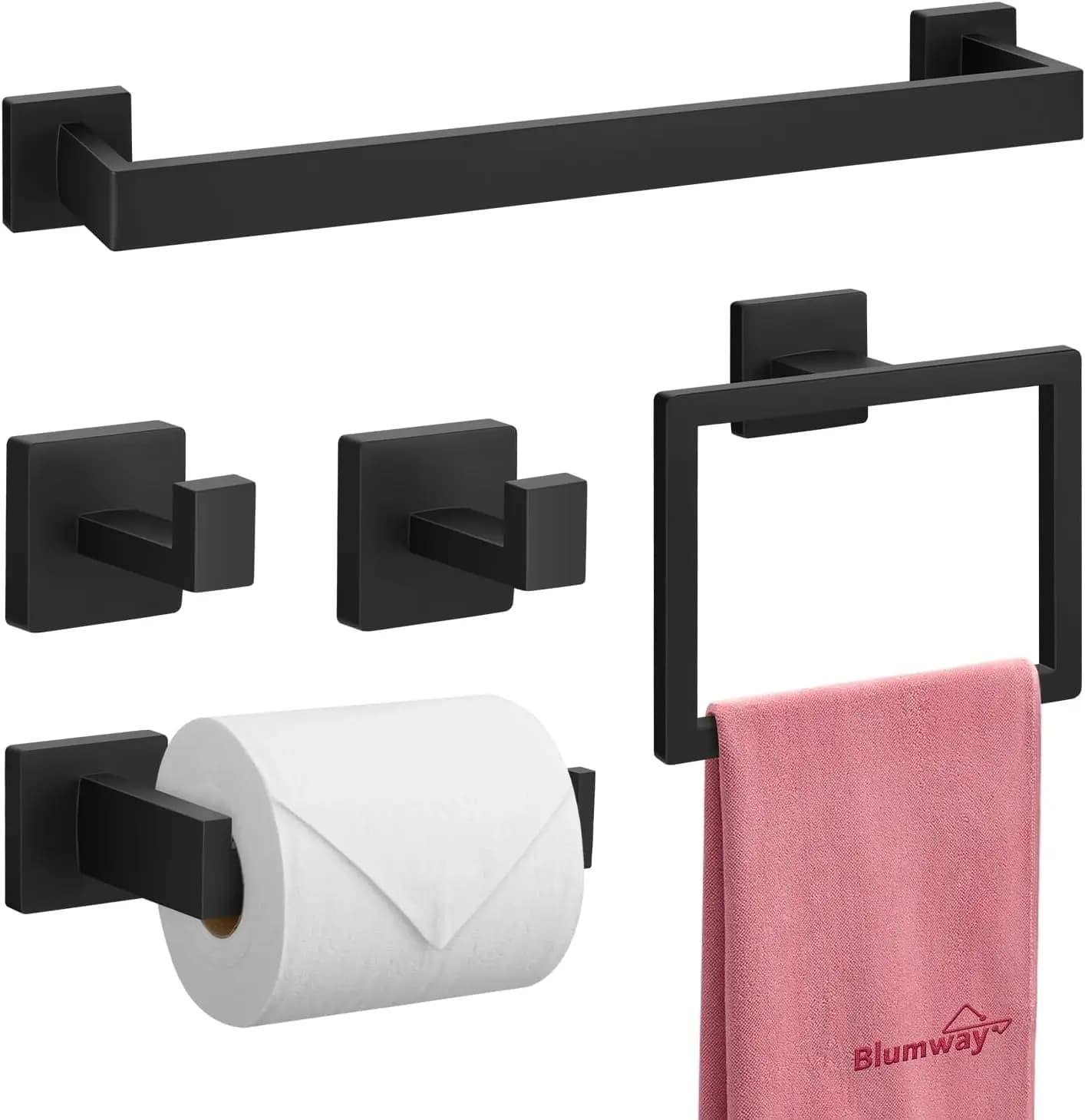 Set di Accessori per Bagno Nero Opaco 5 Pezzi con Portasciugamani da 16 Pollici per Montaggio a Parete