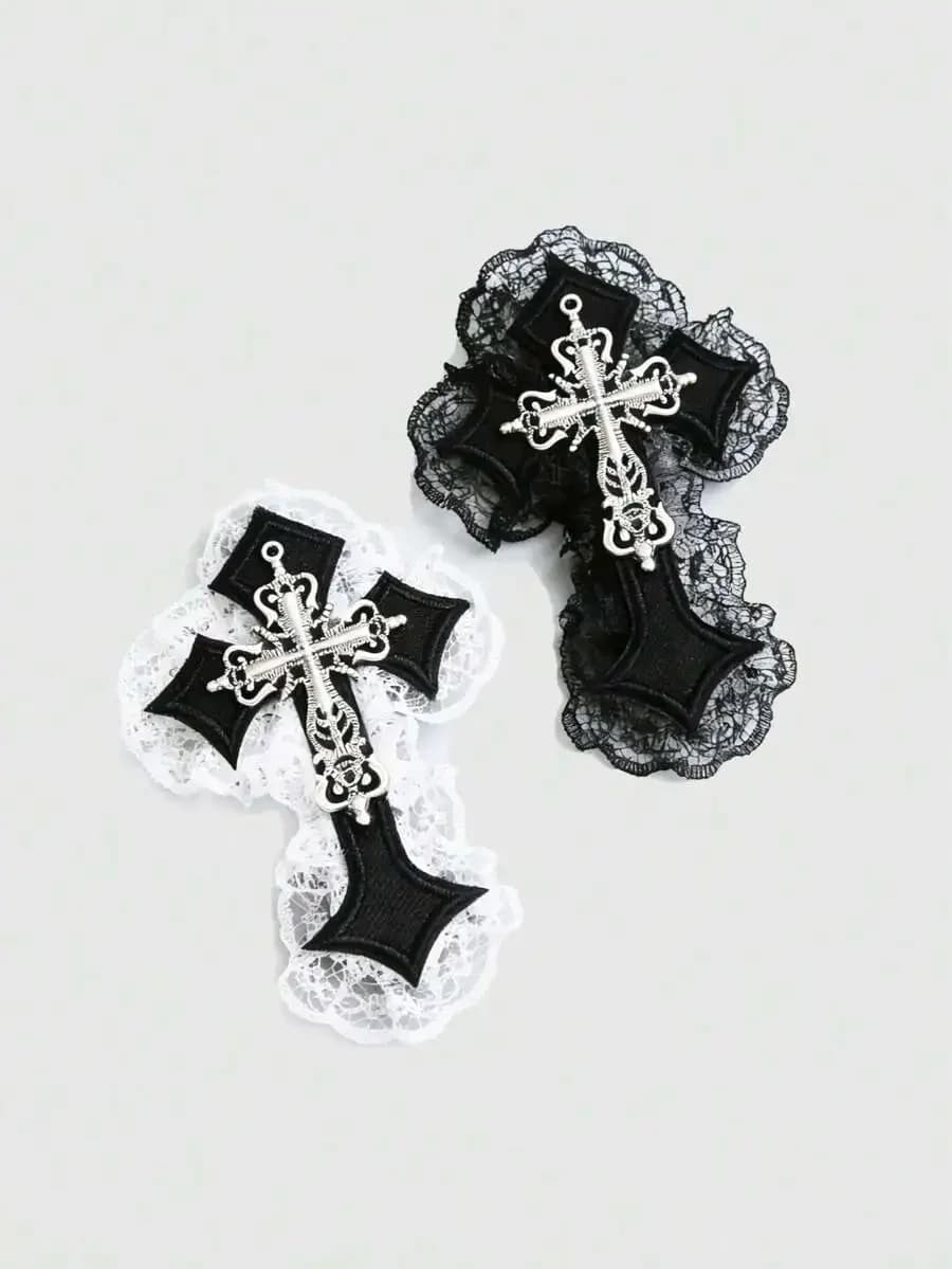 2 fermagli per capelli gotici punk con croce e pizzo, accessori per capelli Y2K per donna