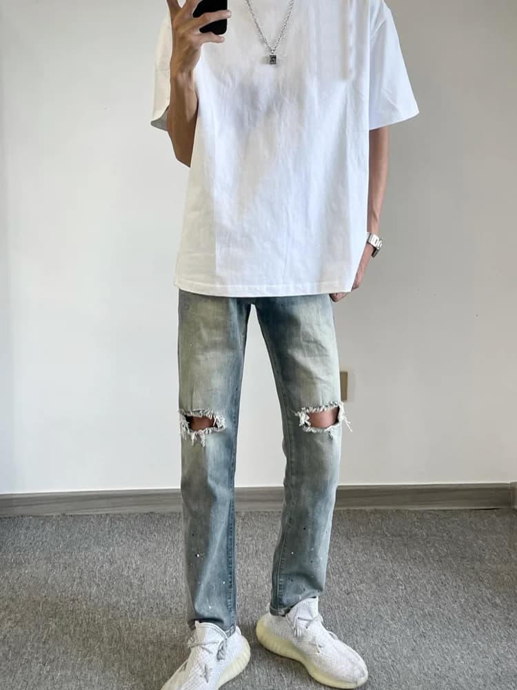 Jeans Blu American High Street con Effetto Schizzi d'Inchiostro e Strappi al Ginocchio, Pantaloni Lunghi da Uomo Estivi alla Moda, Slim Fit, Gamba Dritta, Abbigliamento Casual