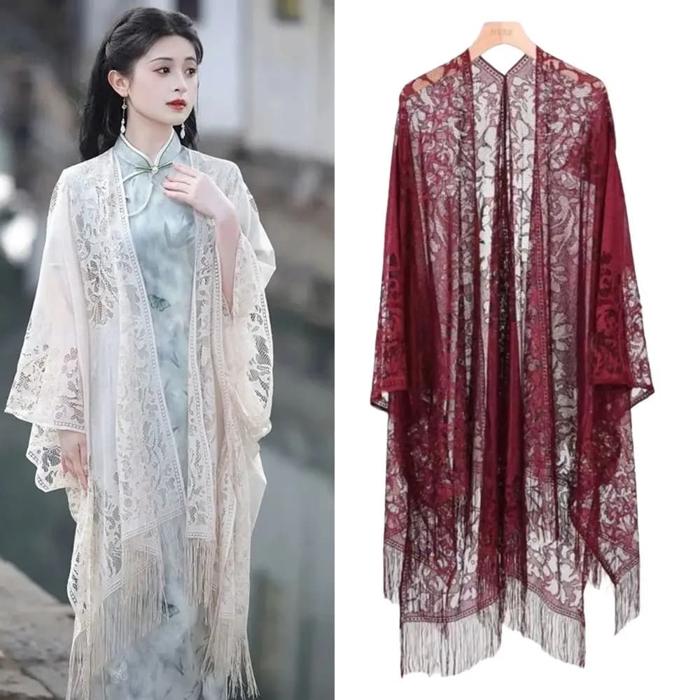 Floral Lace Beach Bikini Cover Up Hollow Floral Loose Fit Kimono Wrap Multi-Purpose Tassel Fringe Sun Protection Scarf For Women