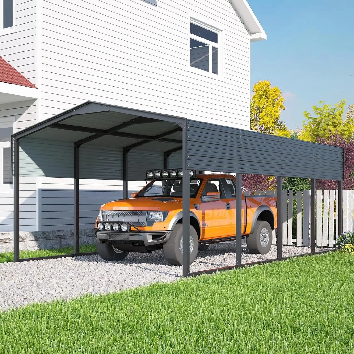 Tettoia in Metallo Rinforzato 12x20 FT con Tripla Trave Trasversale, Ancoraggi Anticiclone per Tetto in Acciaio, Riparo per Camper, Camion, Barche, Fattorie, Personalizzabile