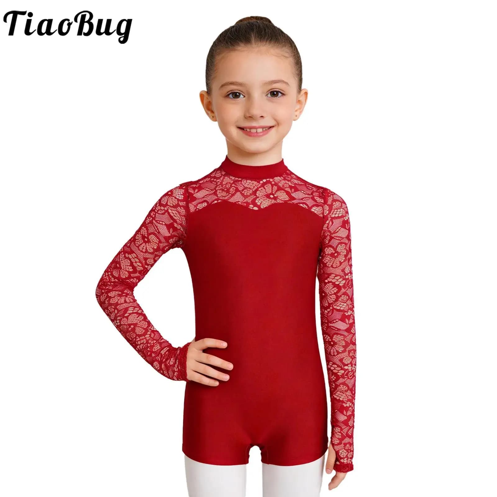 Kids Girls Floral Lace Ballet Dance Leotards Long Sleeves Gymnastics Yoga Bodysuit for Figure Skating Acrobatics Performance