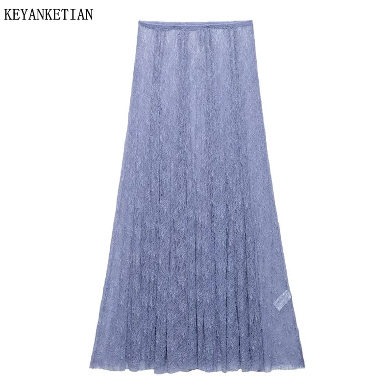 KEYANKETIAN2025 Summer New Women's Transparent Lace MIDI Skirt Holiday wind Elastic Waist Slim Soft A Line Ankle-length Skirt