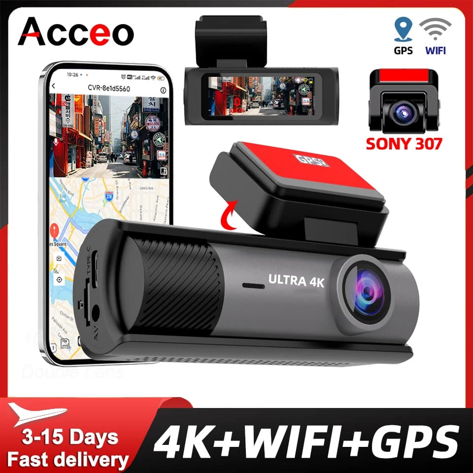 ACCEO 4K Dashcam GPS integrato e WiFi Supporto per telecamera per auto Telecamera per retromarcia 1080P 24 ore di parcheggio Registratore per visione notturna Registrazione in loop