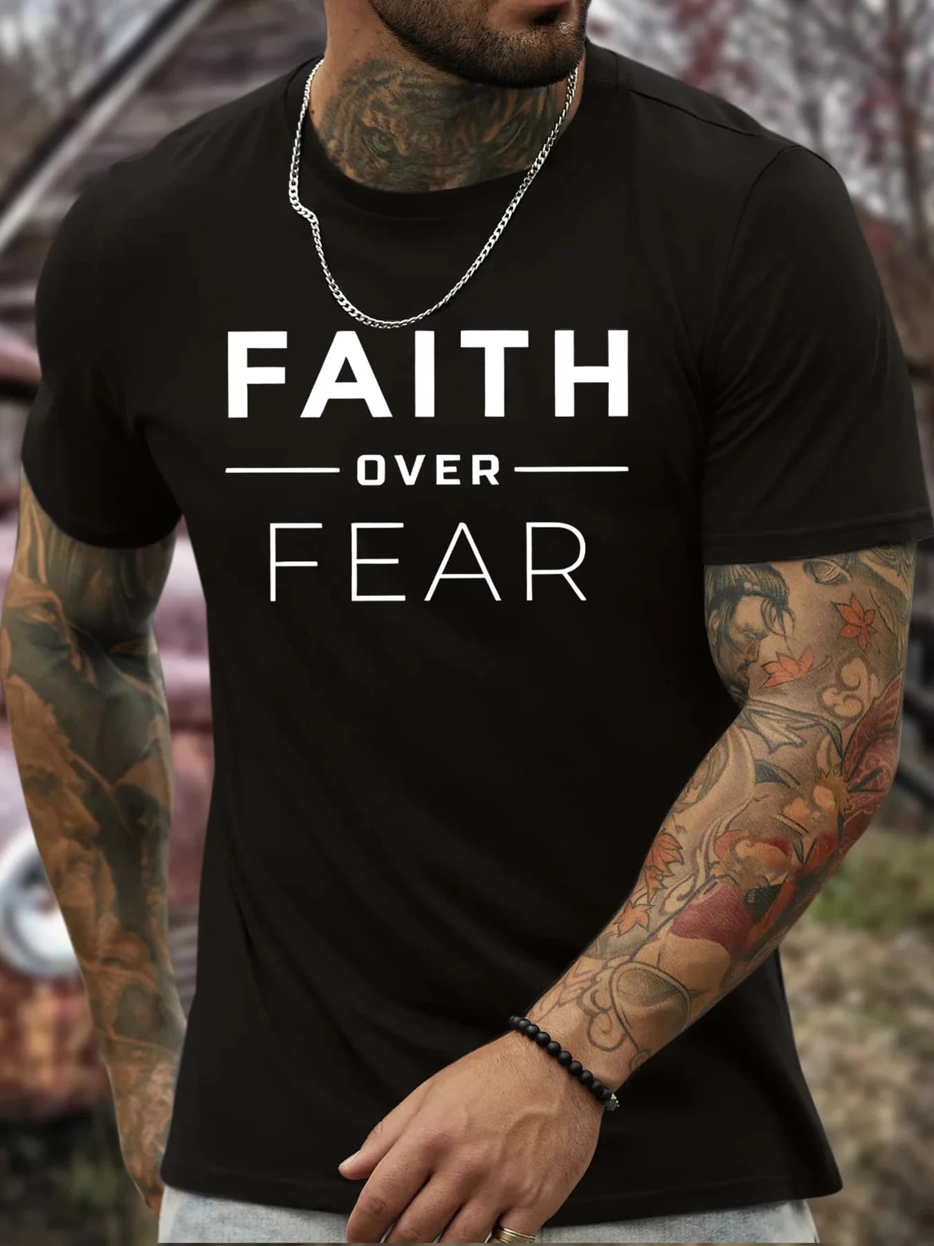 FAITH OVER FEAT Stampa motivazionale, T-shirt da uomo a maniche corte con scollo tondo, top casual e comodo per l'estate