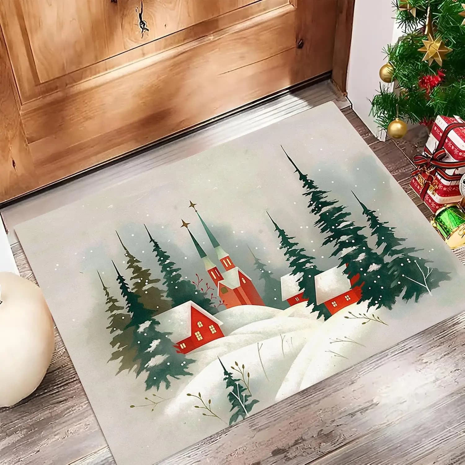 Zerbino di benvenuto con pittura a cartoni animati ad acquerello, zerbino con motivo albero di pino di neve, zerbino antiscivolo per le vacanze di Natale per la camera da letto