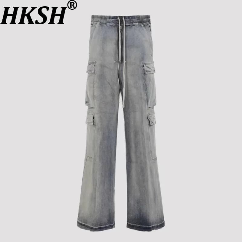 HKSH Men High Street RO Style Washed Large Pockets Wide Leg Safari Style Denim Pants Punk Chic Ins Jeans Gradient Trendy HK18036