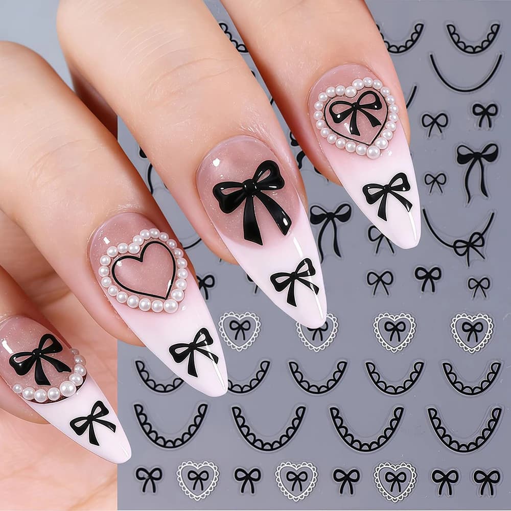 2 Sheets French Tip Nail Art Stickers Black Red Bowknot 3D Self Adhesive Bow Heart Nail Decals Sticker & Decal