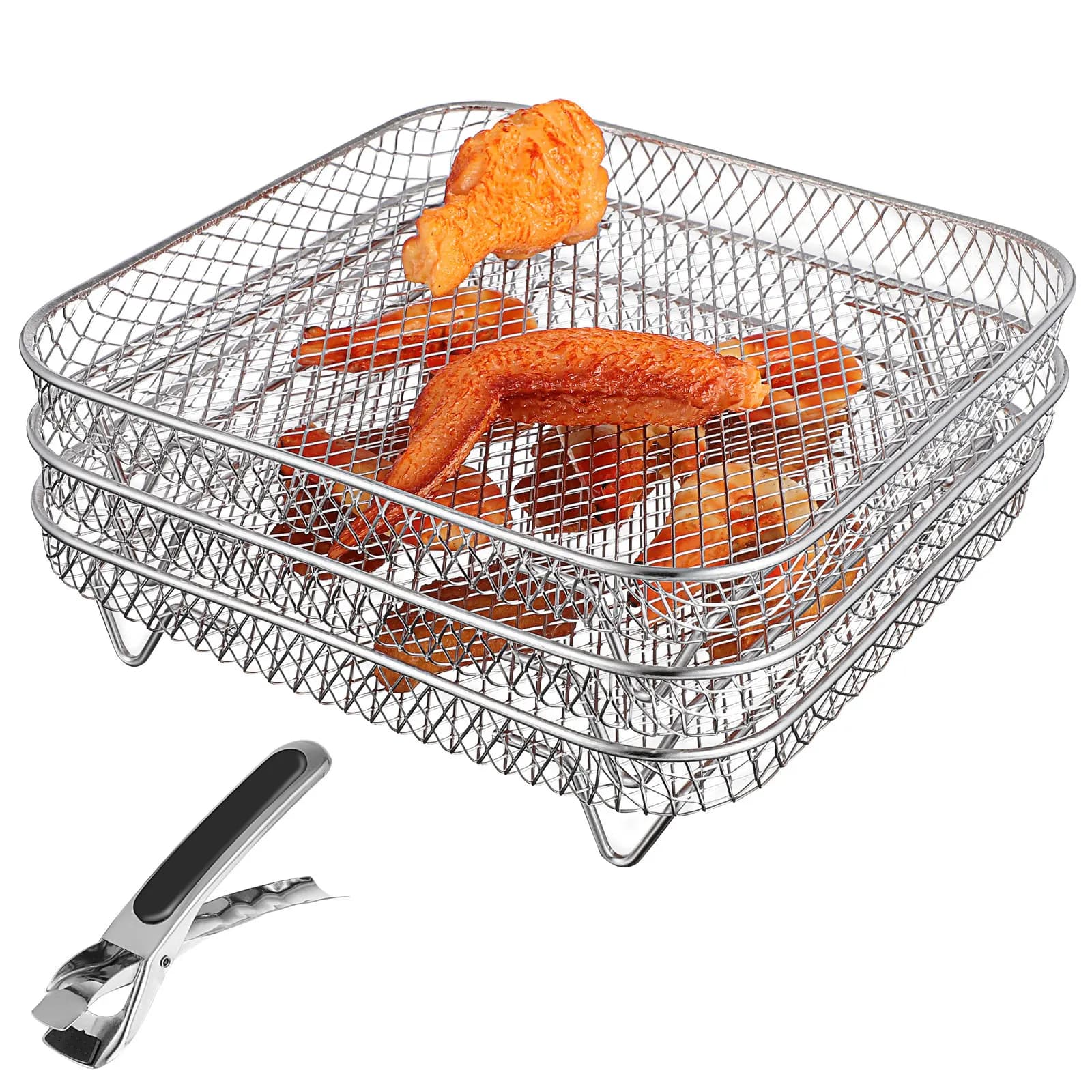 Set di 3 Griglie Impilabili in Acciaio Inox per Friggitrice ad Aria, Multi-Livello, per Frutta Secca e Carne, Uso Domestico e Ristorante