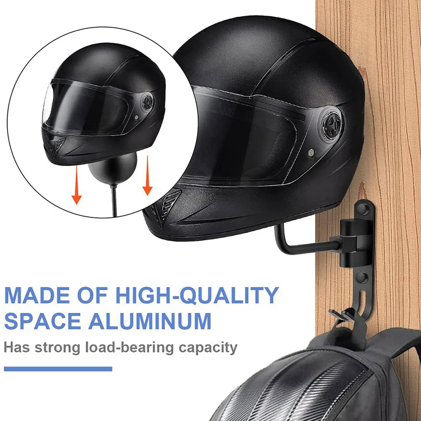 BMBY-2X 180° Motorcycle Helmet Rack, Rotation Metal Helmet Holder Wall Mount, Helmet Holder Bike With 2 Hooks Helmet Hanger,1