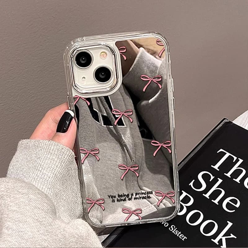 Korean Cute Pink Bow Phone Case For iPhone 13 Case iPhone 11 12 14 15 16 Pro Max Plus XS XR Make Up Mirror Soft Shockproof Cover