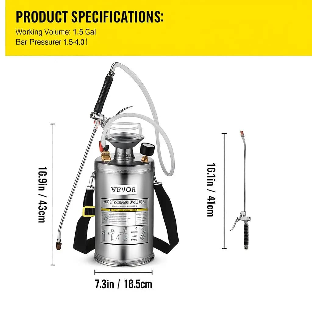 Spruzzatore in Acciaio Inox da 1,5 Galloni, Set con Asta da 16 Pollici, Impugnatura e Tubo Rinforzato da 3,3 Piedi, Pompa Manuale con Manometro e Sicurezza