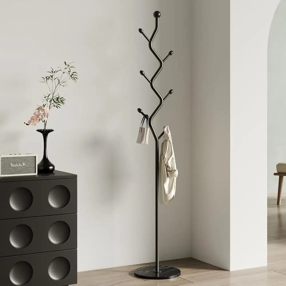 Creative hooks in the shape of a tree branch, self-supporting with 6 hooks and robust marble base, metal hangers stand for entrance/light, closet/bedroom
