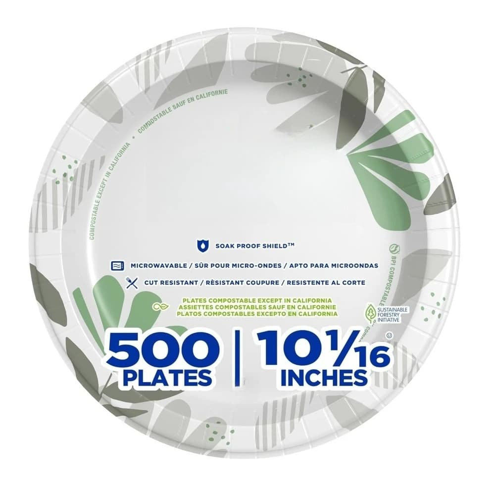 Durable disposable paper plates, 10 inch botanical design, 500-piece packaging