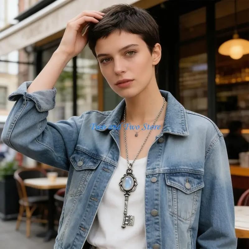 HX6F Elegante collana con chiave a forma teschio in stile vintage con dettagli in pietra luna/pietra nera per abiti alla