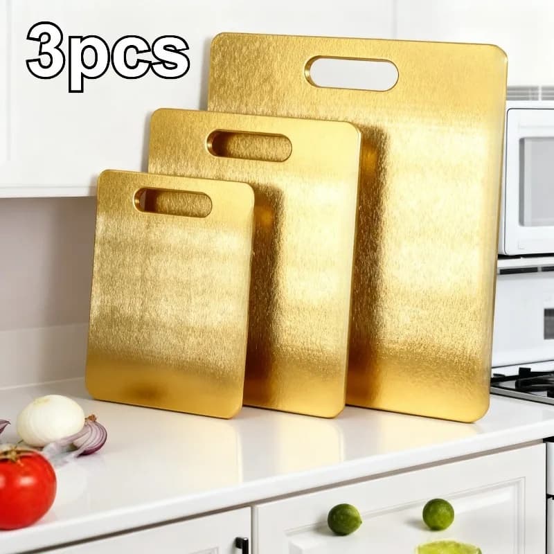 3 piece stainless steel golden cutters - Dishwasher washable cutting board with anti-slip, juice groove for meat, fish, vegetables