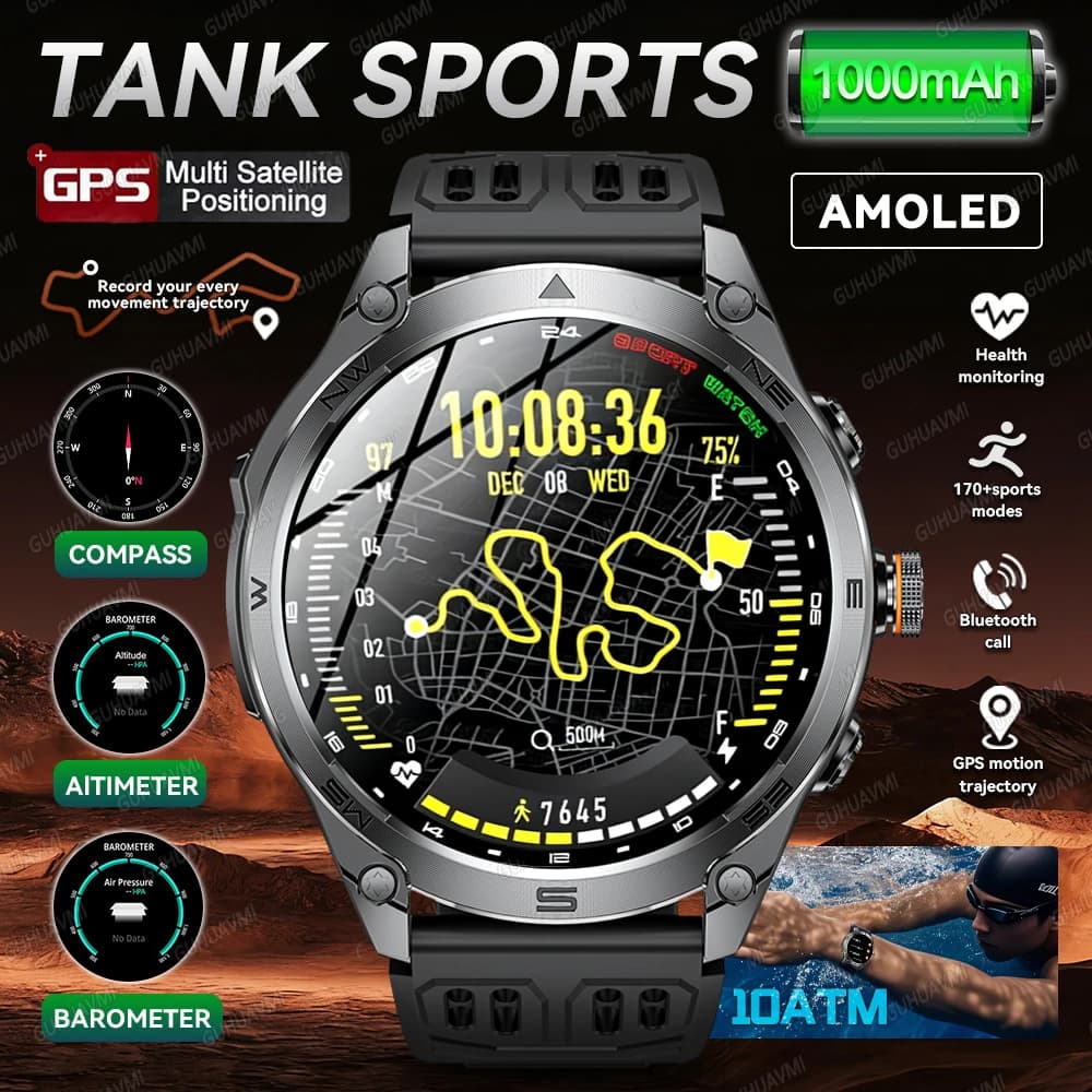 New TANK Ultra 2026 Smartwatch with 1000mAh Battery, 1.7'''''' AMOLED Display, GPS, Compass, Barometer, Calls, 10ATM Waterproof, Compatible with iOS and Android