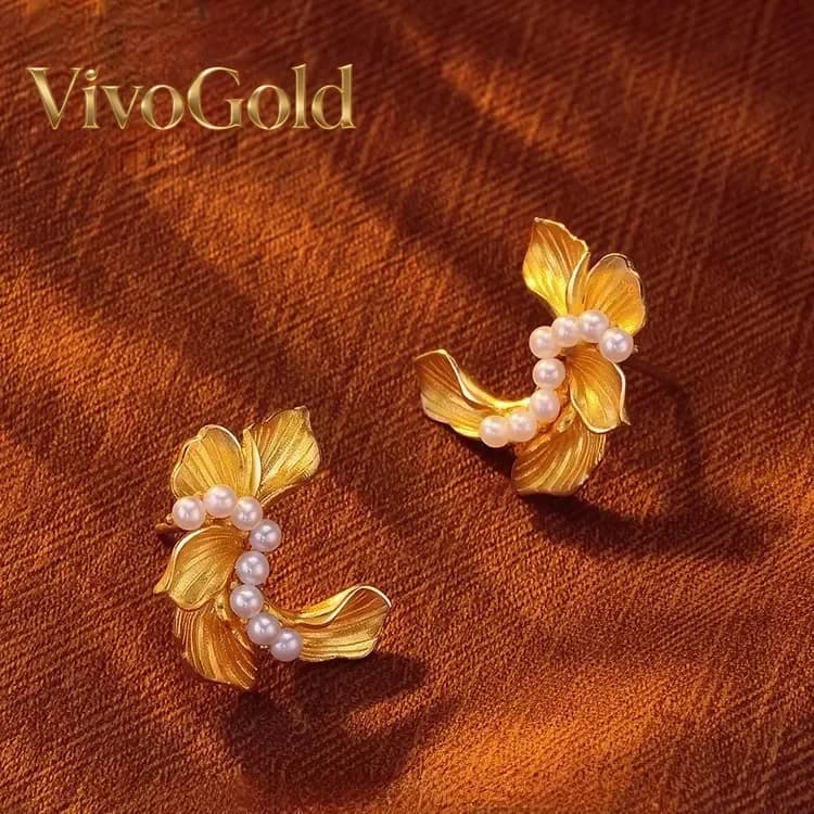 Orecchini con perline intarsiate VivoGoldElegant 24K da donna, orecchini alla moda dal temperamento elegante, orecchini 9999, stesso stile di Xiaohongshu