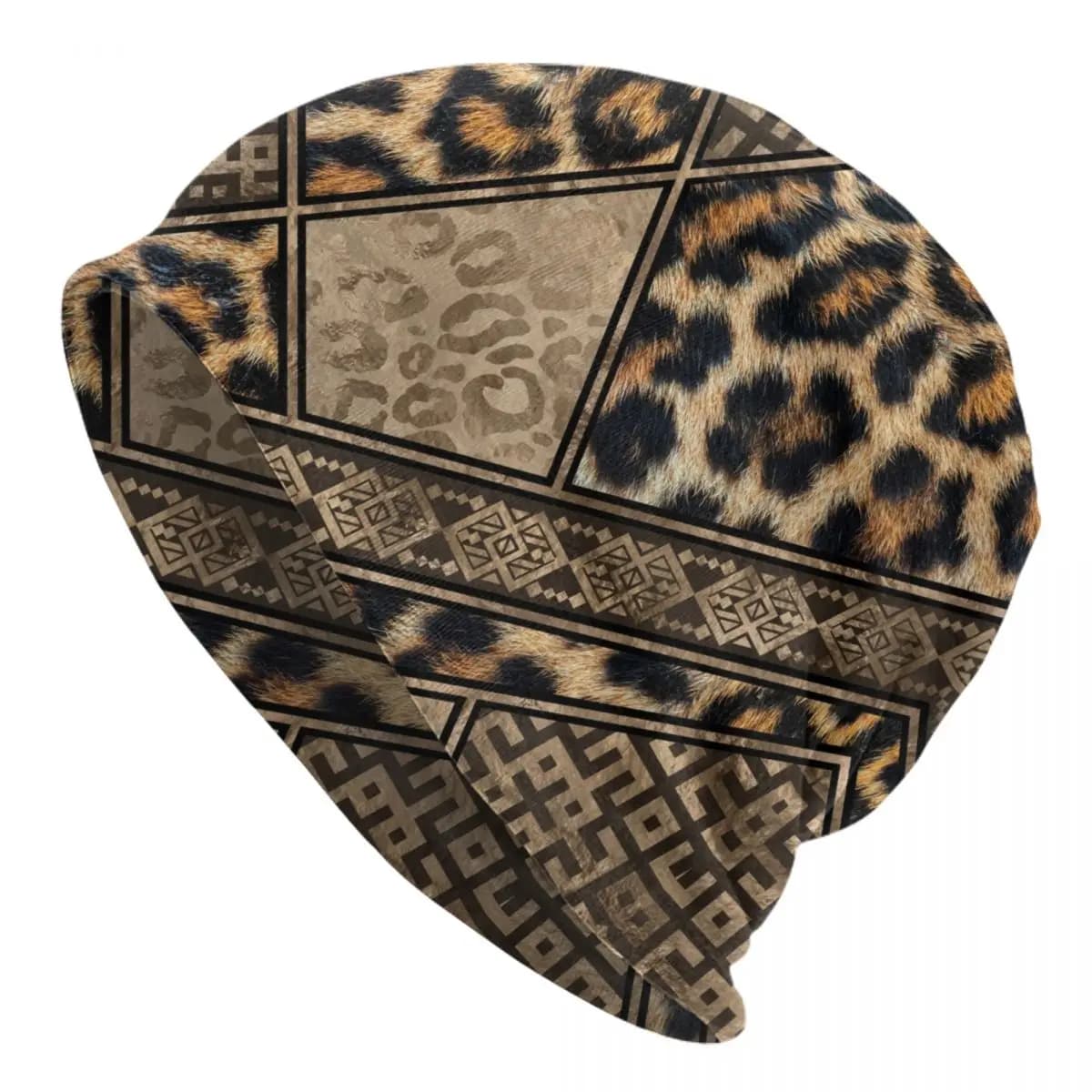 Custom Leopard Fur Ethnic Tribal Geometric Ornaments Skullies Beanies Caps Knitting Hats Adult Animal Leather Bonnet Hats