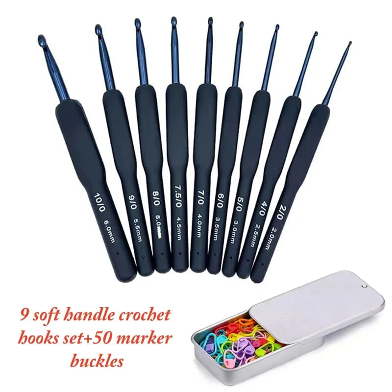 9Pcs Aluminum Soft Handle Crochet Set 2-6mm Ergonomic Crochet Hook With Stitch Markers Sweater Knitting Needle DIY Knitting Tool