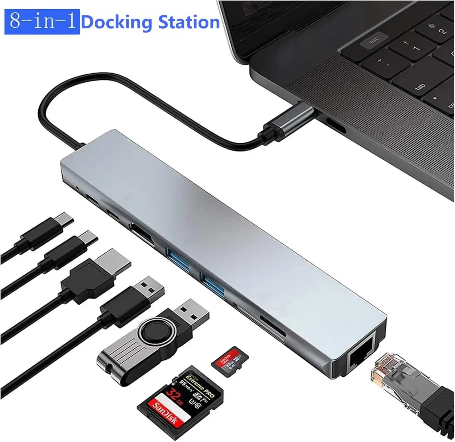 USB-C laptop docking station with HDMI 4K, 2 USB, type C, SD card reader TF, USB-C PD 8 hub adapter in 1 from 87 W for MacBook IPhone