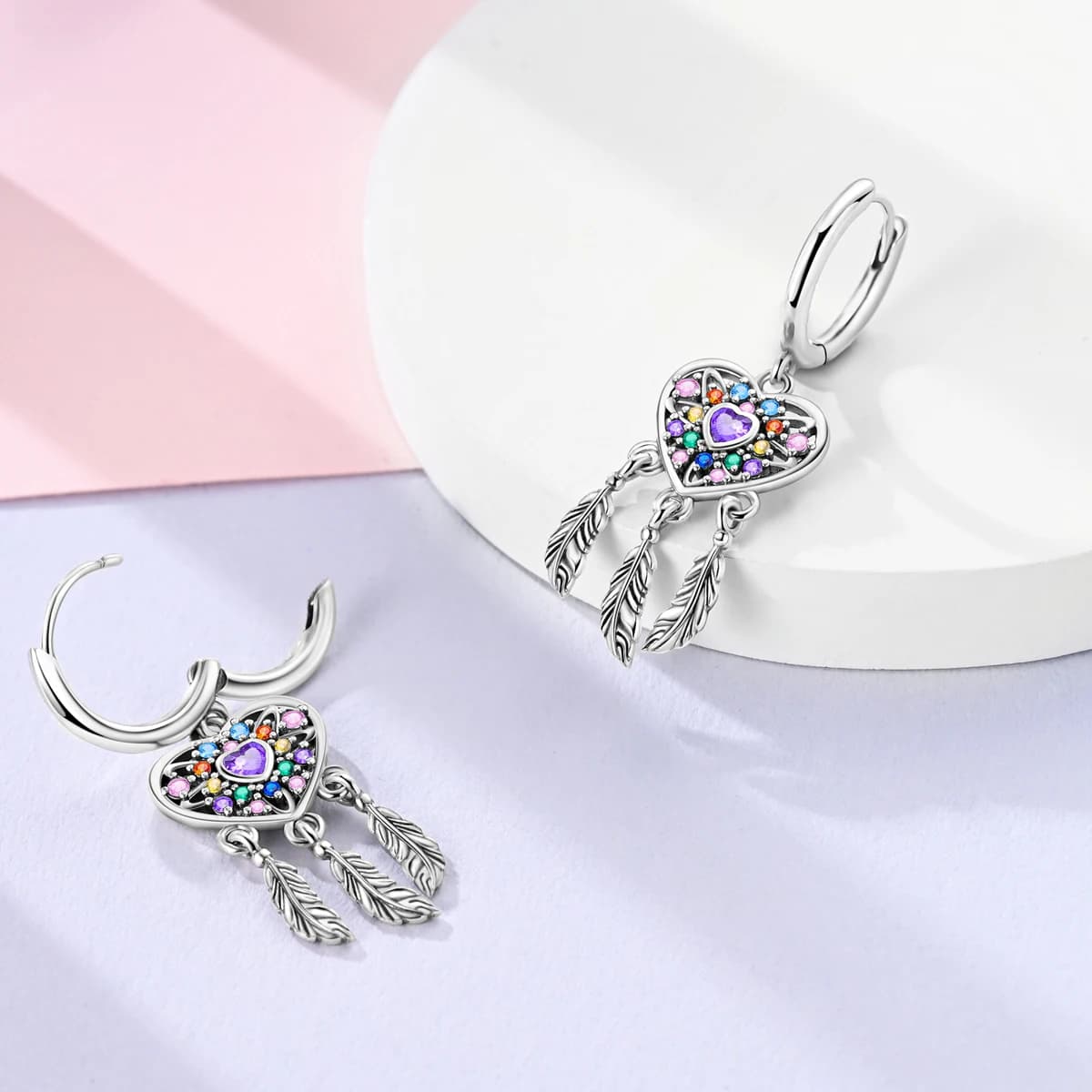 Earring 925 Silver Dreamcatcher Feather Heart Pendant Earring For Woman Fashion Jewelry