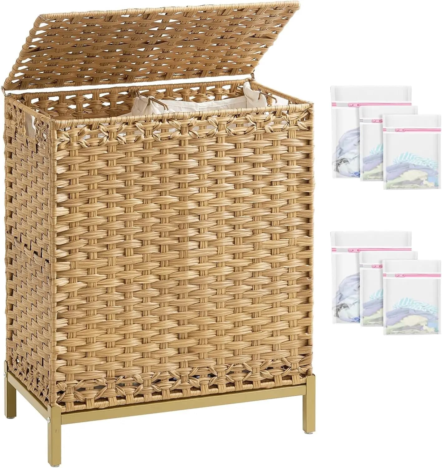 Bookcase basket in Rattan 11L Hand braided with Cover, 2 Removable Lining and 6 Net Bags, Metal Folders for Bathroom and Bedroom