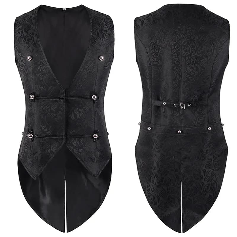 Gilet gotico medievale da uomo Frac jacquard Nero doppiopetto Vintage scollo a V Stage Party Cappotto Steampunk Giacca di Halloween