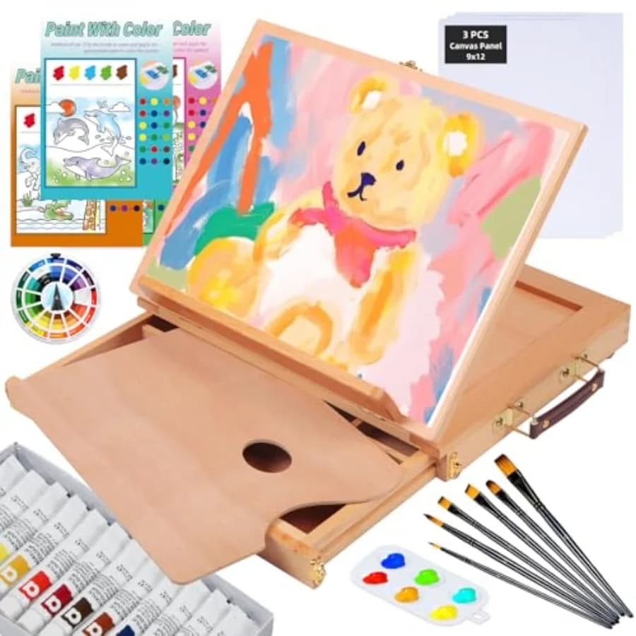 29 Pcs Acrylic Paint Set with Tabletop Easel, Painting Kit with 12 Acrylic Paints Set, Canvas Panels, Brushes, Wooden Palette f