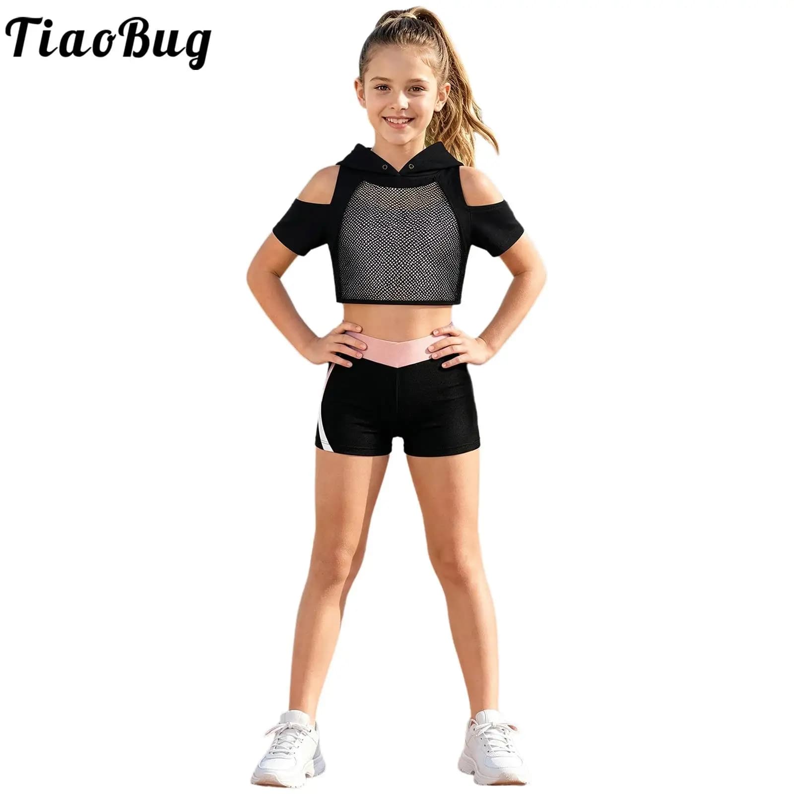 Teen Girls Sports Set Short Sleeve Hollow Out Mesh Cropped Hoodie with Vest Athletic Shorts Workout Running Cycling Activewear