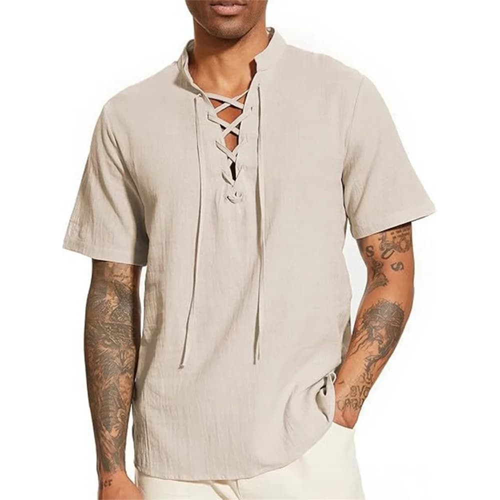T-shirt da uomo vintage con scollo a V, design con coulisse, cotone, lino, tinta unita, traspirante, elegante, top in stile gotico, cosplay, magliette da festa