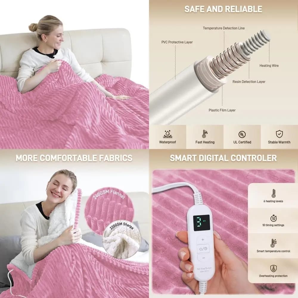 Coperta elettrica Queen Size in morbida flanella 84 x 90 con 10 timer, 6 livelli di calore, lavabile in lavatrice, protezione da surriscaldamento - Rosa
