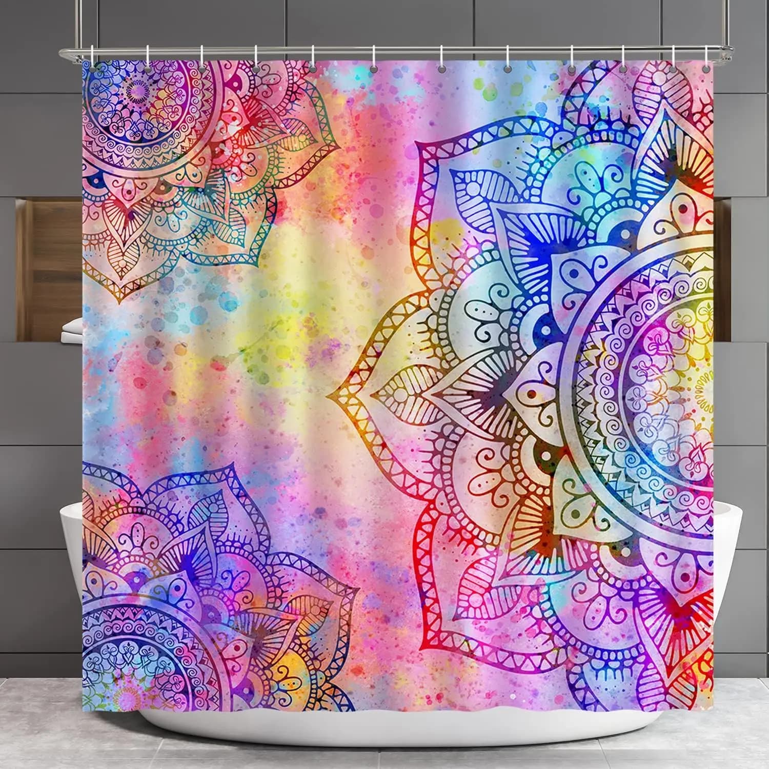Tenda da Doccia Floreale Colorata, Fiori Bohemien Boho per Arredo Bagno, Tenda Moderna Lavabile in Poliestere