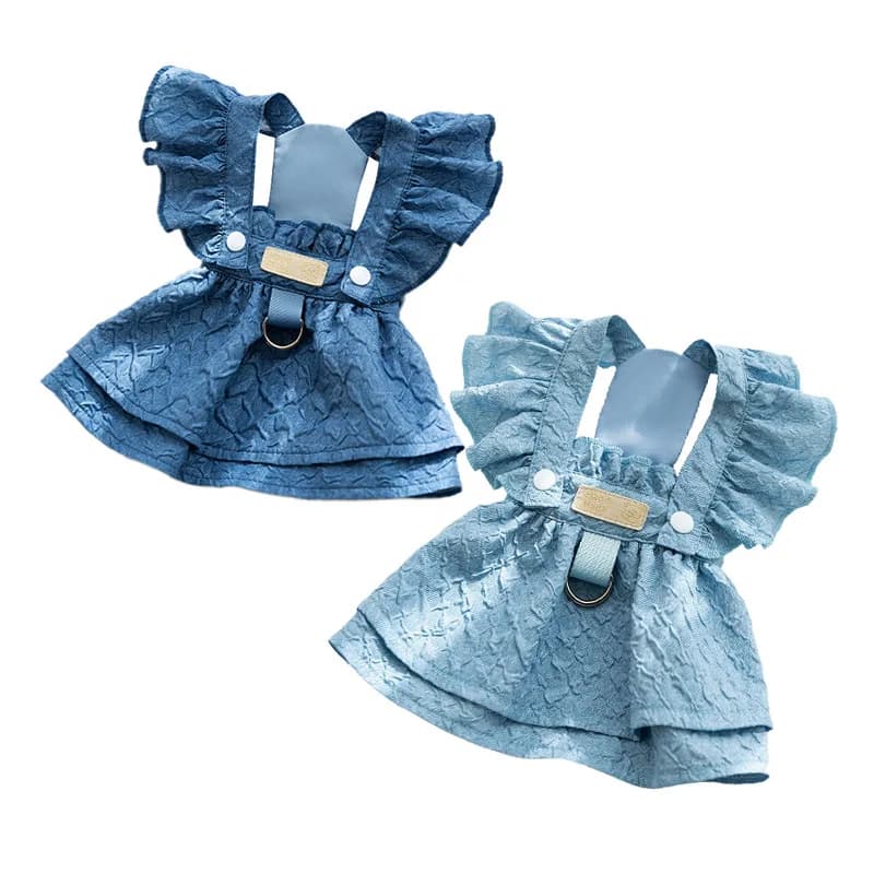 Abiti in Denim per Cani di Piccola Taglia, Vestiti Estivi per Cuccioline con Anello per Guinzaglio, Maniche Volanti, Abbigliamento Blu per Gatti e Chihuahua