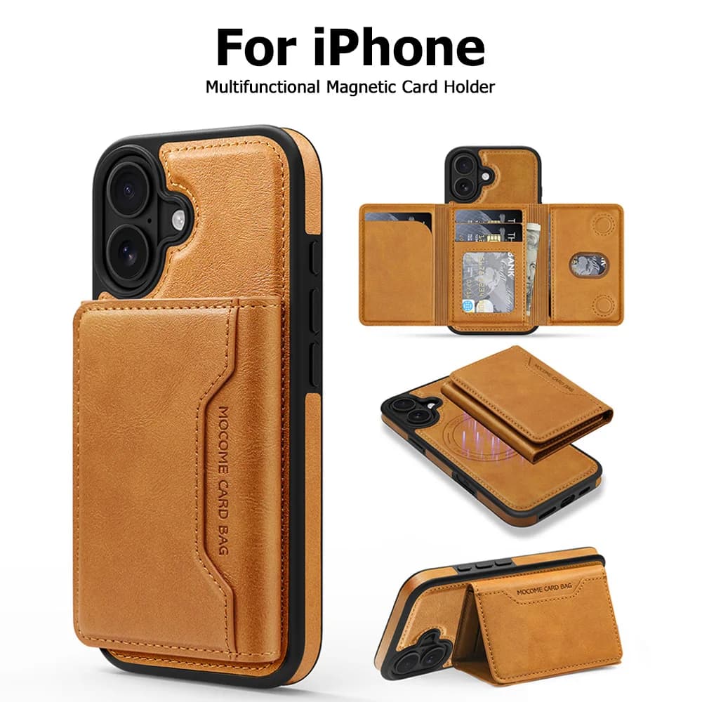 Magnetic Card Bag Phone Case For iPhone 17 16 15 14 12 11 Pro Max PU Leather Cases 2in1 Detachable Cards Slot Bracket Back Cover