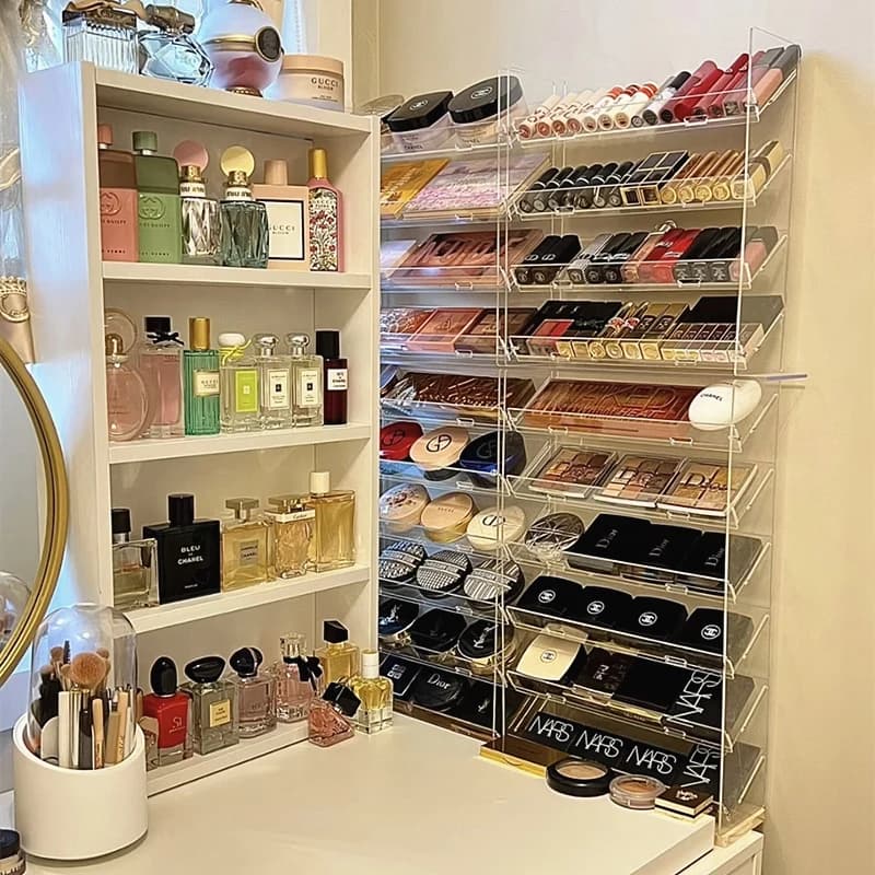 Transparent acrylic makeup organizer - 3 level cosmetic box for shading, lipstick, powder with mirror cosmetic tray