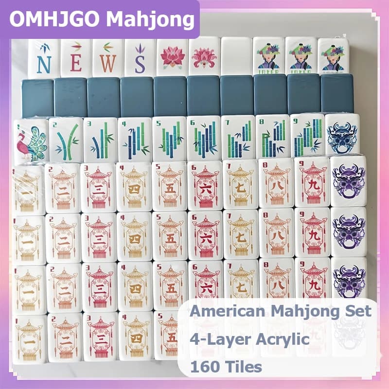 OMHJGO Luxury Engraved American Mahjong Sets 4-Layer Acrylic Grey Blue Mahjong Tiles Leisure Home Board Games Portable Mah Jongg