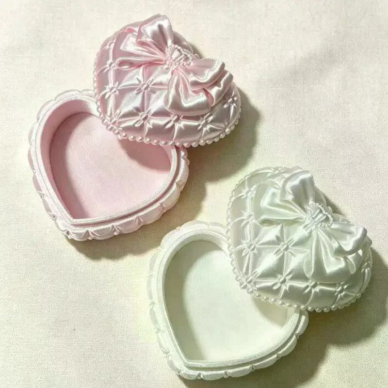 1Pcs Girly Aesthetic Ins Style Exquisite Trinket Storage Organizer Silk Heart-Shaped Jewelry Box With Bowknot Gift For Women