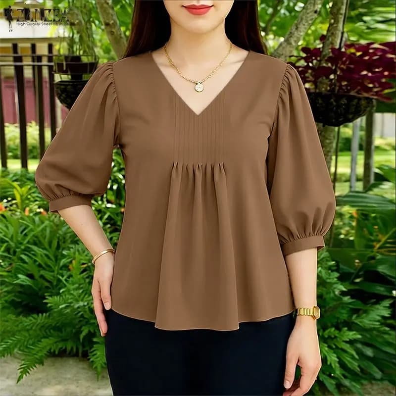 Stylish Women V Neck Lantern Sleeve Blouse ZANZEA Summer Woman Tops Elegant Solid Color Pleated Work Shirt Holiday Blusas Femme