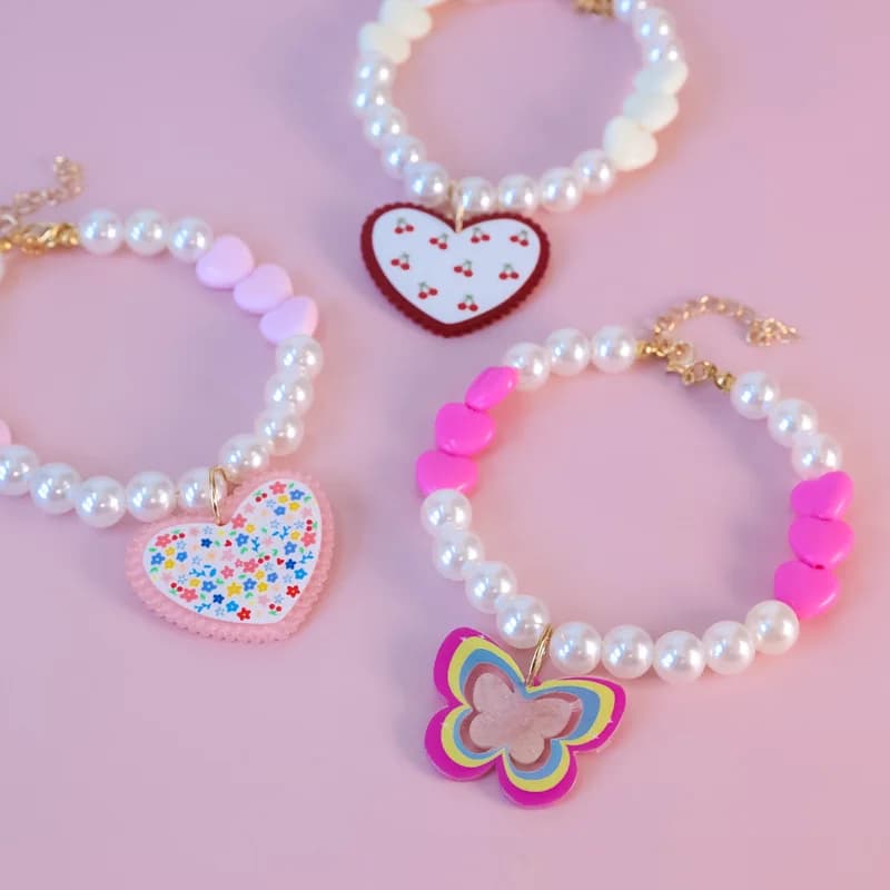 Collare per Animali Domestici Fatto a Mano con Perle, Regolabile, con Ciondolo a Forma di Dopamina, Amore, Ciliegia, Fiore e Farfalla per Cani e Gatti