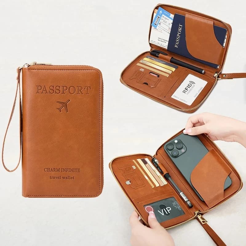 Porta passaporto, portafoglio da viaggio, porta biglietti, porta carte di credito, portafoglio multifunzionale con cerniera e cinturino da polso