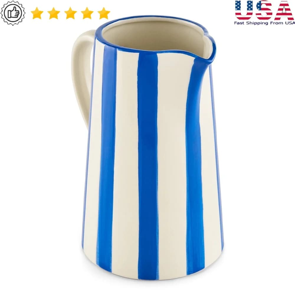 Vaso da brocca in ceramica a strisce blu realizzato a mano, elegante decorazione per la casa, composizione floreale fresca e artificiale
