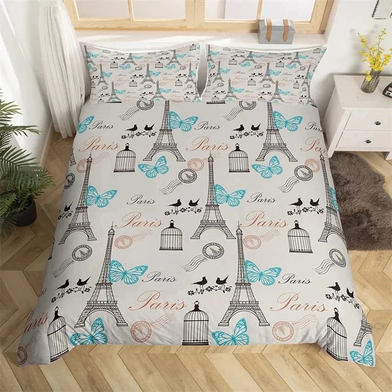 Set copripiumino Parigi Torre Eiffel Set biancheria da letto farfalla acquerello Copripiumino singolo Twin King in microfibra a tema romantico