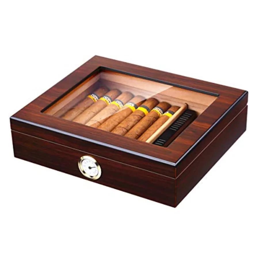Humidor per Sigari Fatto a Mano Bald Eagle, Scatola da Tavolo in Cedro con Umidificatore e Igrometro, Coperchio in Vetro per 25 Sigari